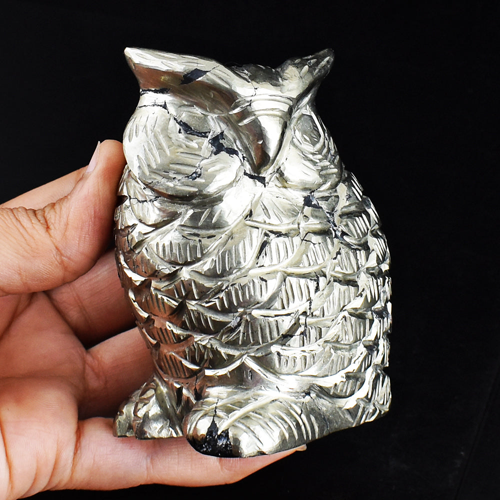 Artisian  4014.00 Carats Genuine Golden Pyrite Hand Carved Crystal Gemstone Owl Carving