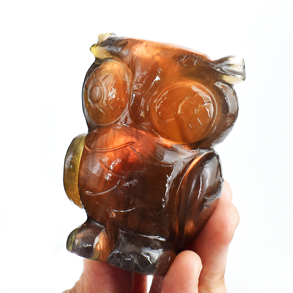 Artisian 1043.00 Carats Genuine Multicolor Fluorite Hand  Carved Crystal Gemstone Owl Carving