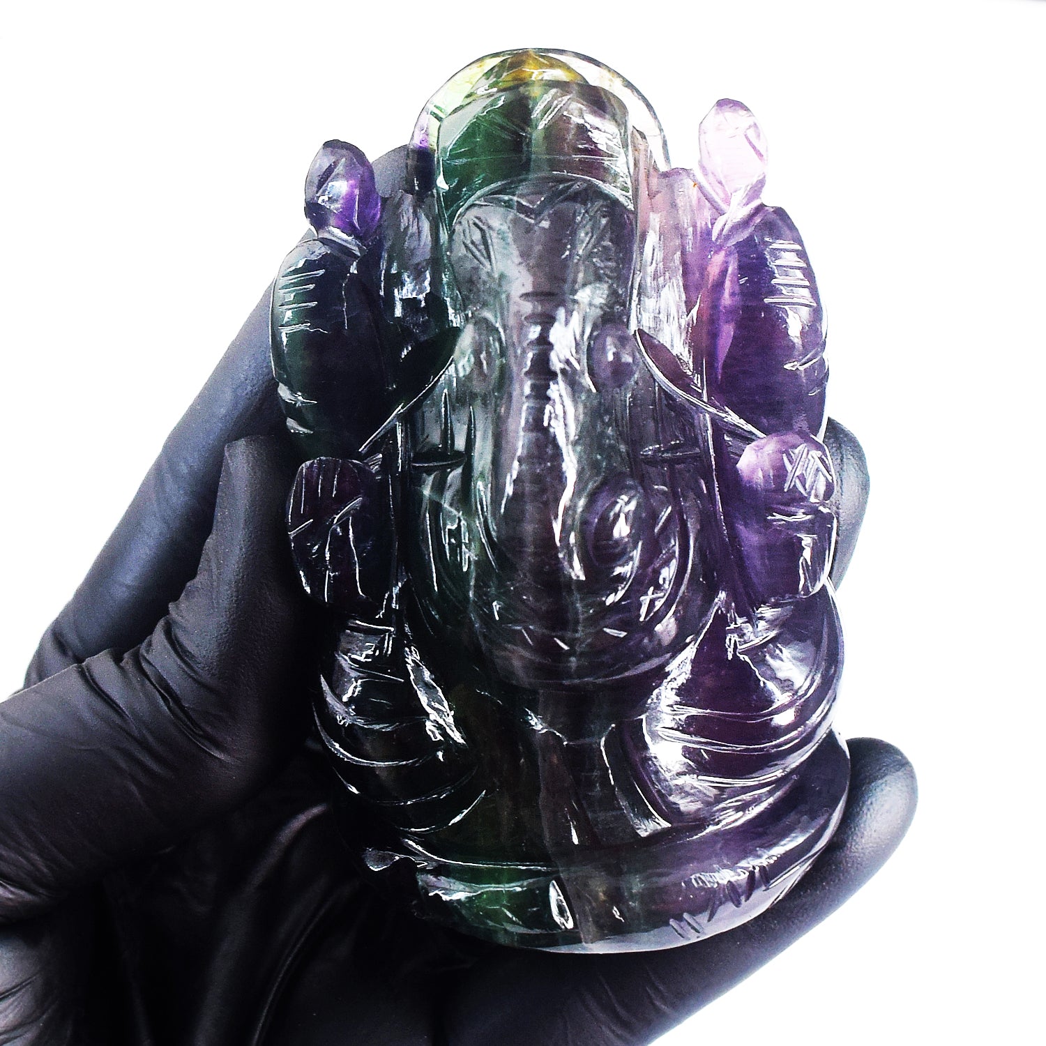 Amazing 1389.00 Cts Genuine Purple Fluorite Hand Carved Lord Ganesha Crystal