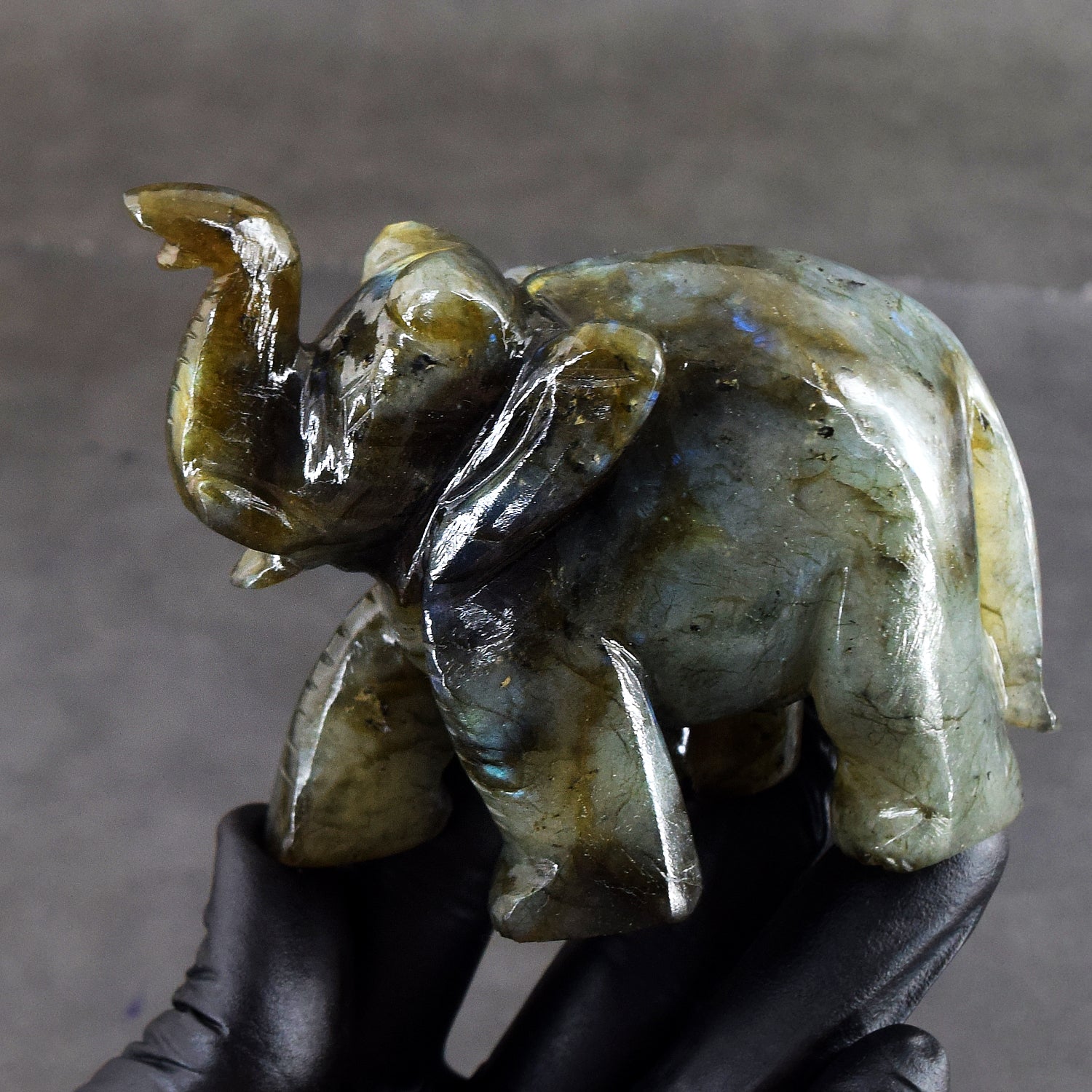 Majestic 1228.00 Cts Genuine Blue Flash Labradorite Carved Premium Crystal Elephant