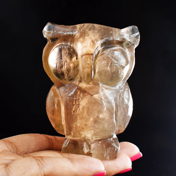 Beautiful 835.00 Cts Genuine Champagne Fluorite Hand Carved  Crystal Gemstone Owl Carving