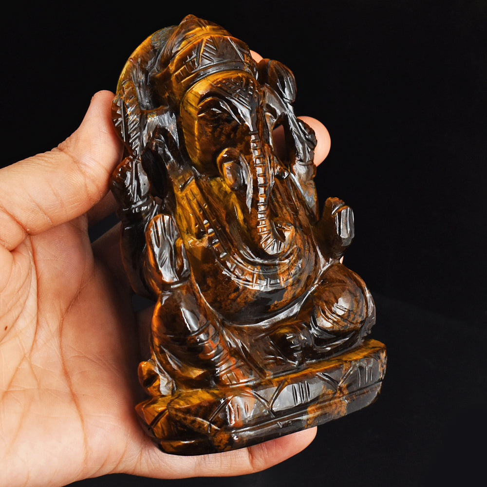 Artisian 1880.00 Cts Genuine Golden Tiger Eye Hand Carved Crystal Lord Ganesha Gemstone Carving