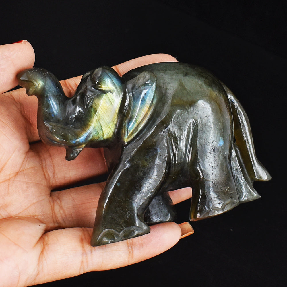 887.00  Cts  Blue & Golden Flash Labradorite Hand Carved Genuine Crystal Gemstone Carving Elephant