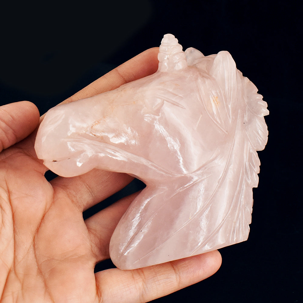 Natural 1468.00 Carats Carats Genuine Pink Rose Quartz  Hand Carved  Unicorn Head Gemstone Carving