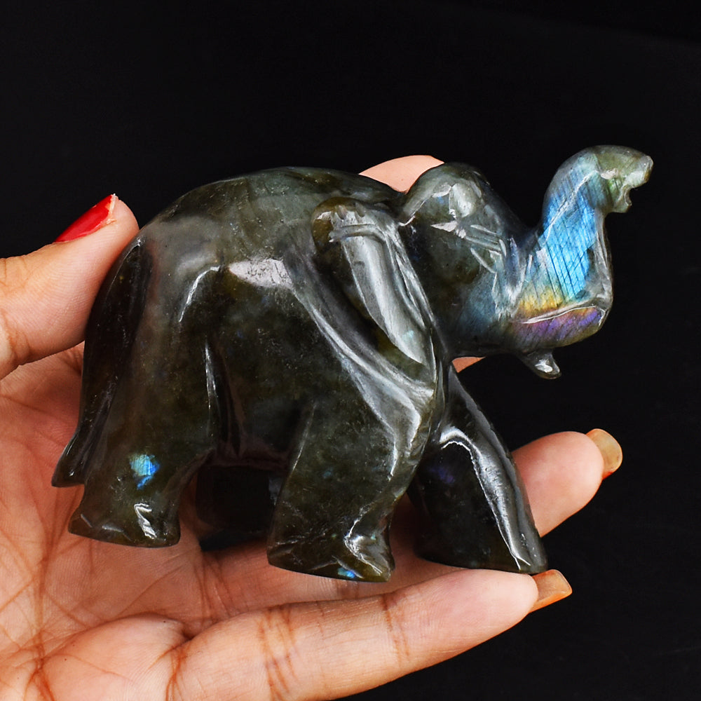 887.00  Cts  Blue & Golden Flash Labradorite Hand Carved Genuine Crystal Gemstone Carving Elephant