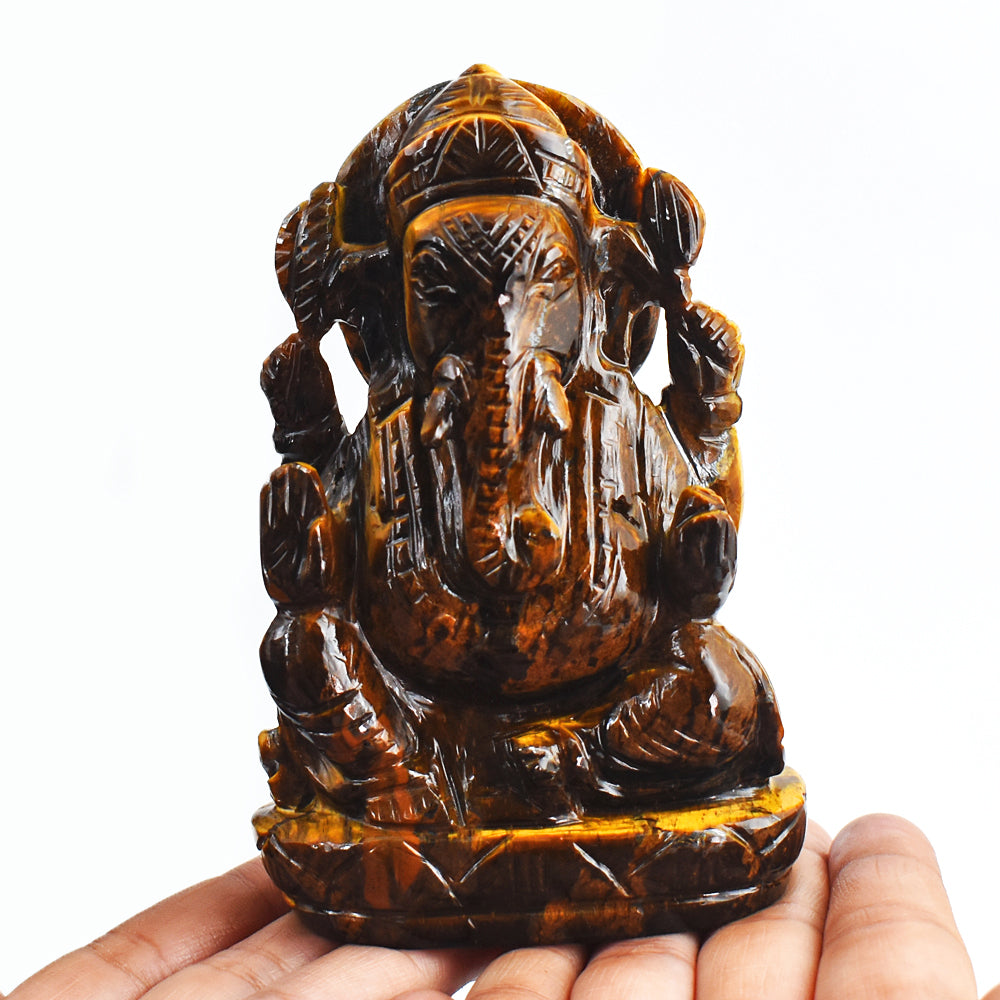 Artisian 1880.00 Cts Genuine Golden Tiger Eye Hand Carved Crystal Lord Ganesha Gemstone Carving