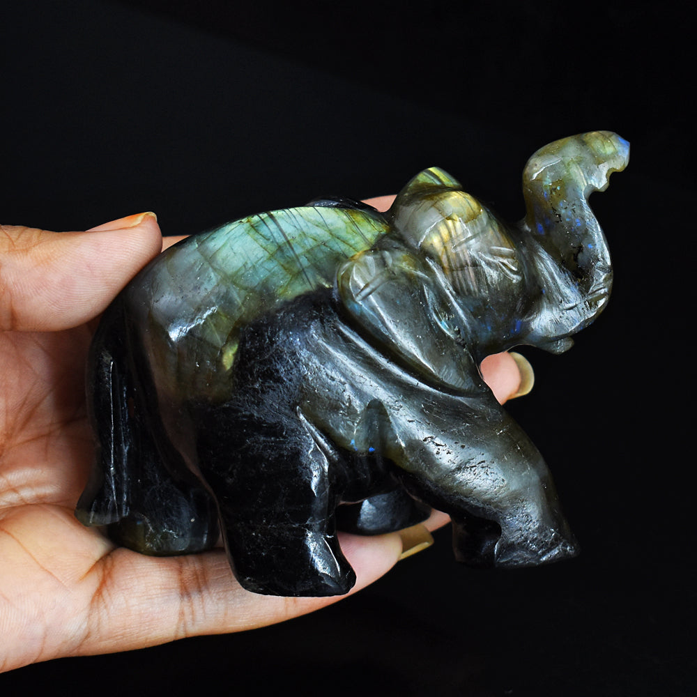 Artisian 1330.00 Cts Golden & Blue Flash Labradorite Hand Carved  Crystal Gemstone Elephant Carving
