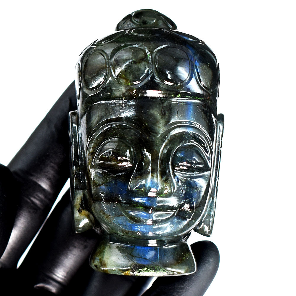 Exclusive 1123.00 Cts Genuine Blue Flash Labradorite Hand Carved Gemstone Buddha Head Crystal Carving