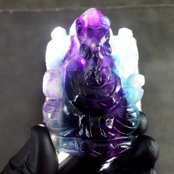 Magnetic 797.00 Cts Genuine Hand Carved Purple Fluorite Premium Crystal Lord Ganesha
