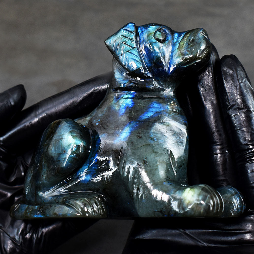 Exclusive 2300.00 Cts Genuine Blue Flash Labradorite Hand Carved Gemstone Dog Crystal Carving