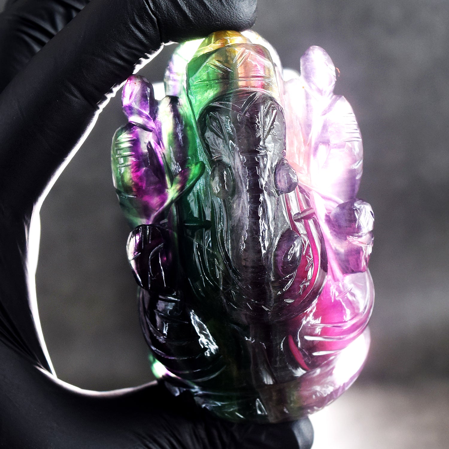 Amazing 1389.00 Cts Genuine Purple Fluorite Hand Carved Lord Ganesha Crystal