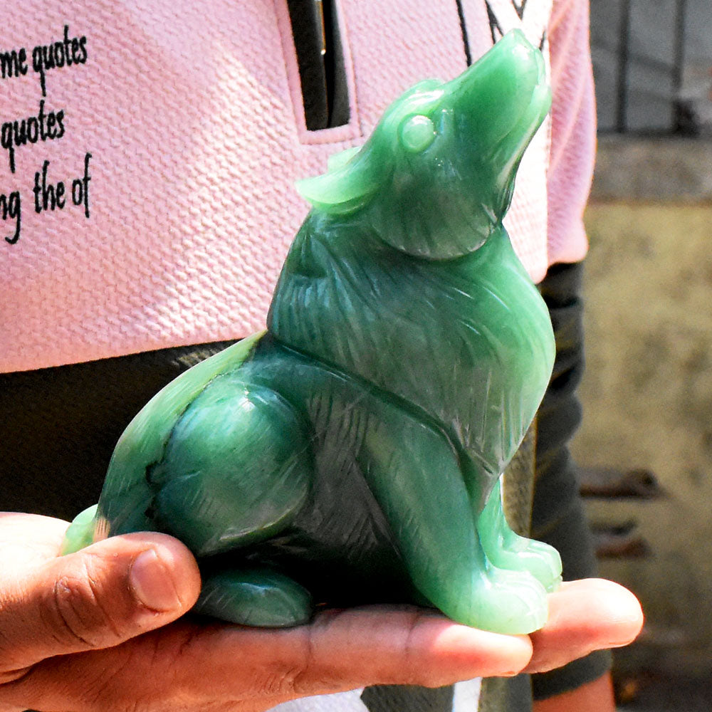 Amazing 4550.00 Cts Genuine Green Aventurine Hand Carved Wolf Gemstone Crystal Carving