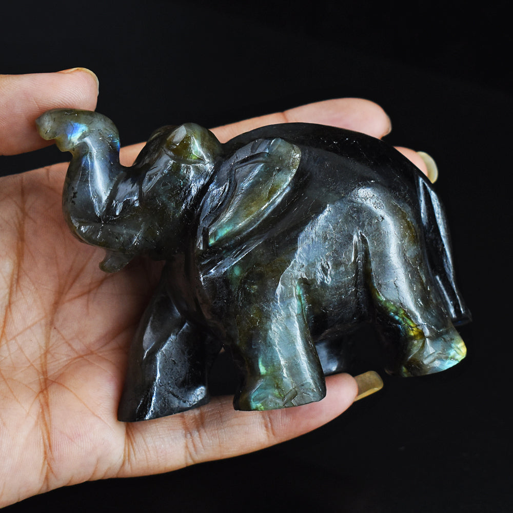 Artisian 1330.00 Cts Golden & Blue Flash Labradorite Hand Carved  Crystal Gemstone Elephant Carving