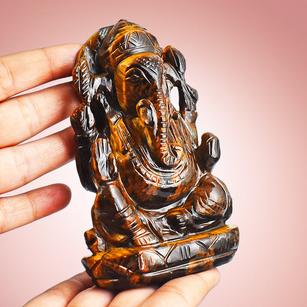 Artisian 1880.00 Cts Genuine Golden Tiger Eye Hand Carved Crystal Lord Ganesha Gemstone Carving