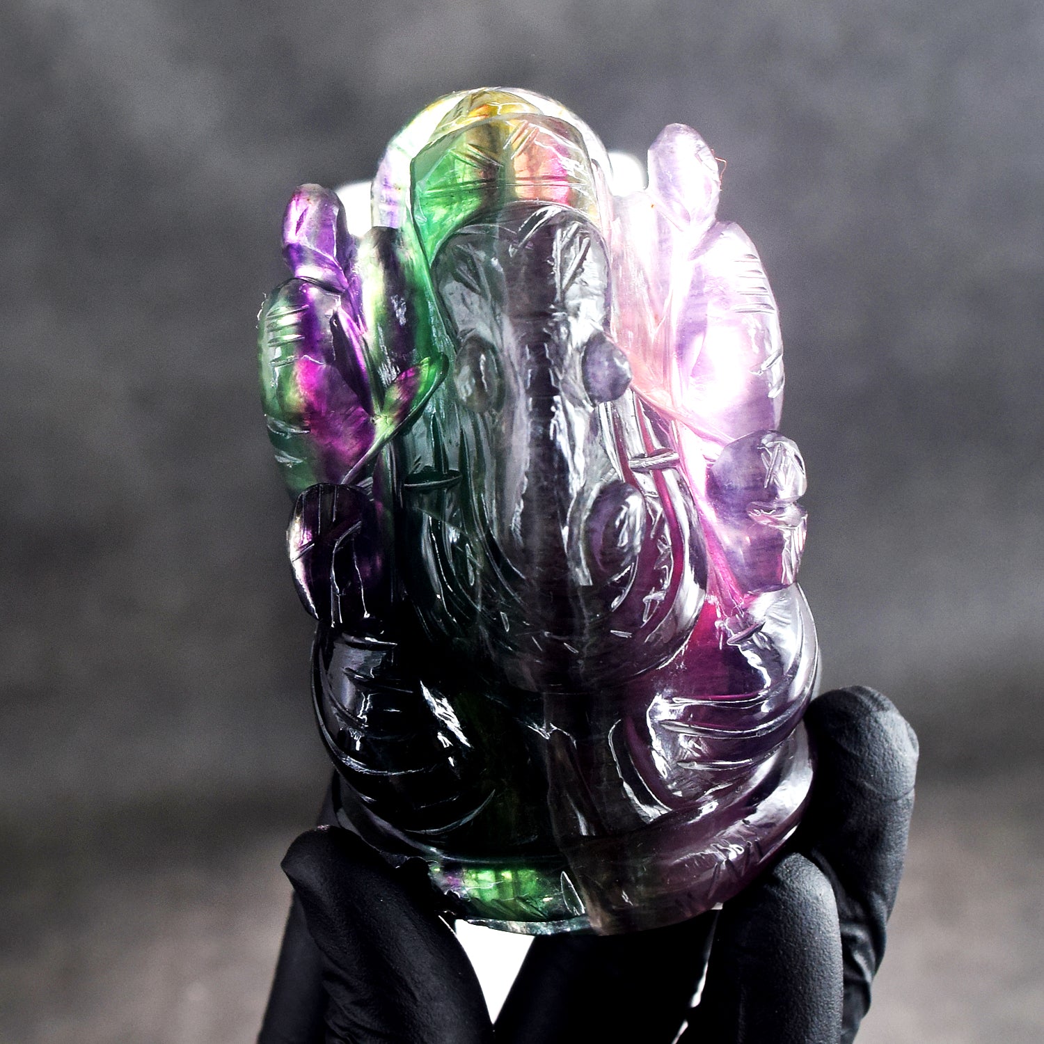 Amazing 1389.00 Cts Genuine Purple Fluorite Hand Carved Lord Ganesha Crystal