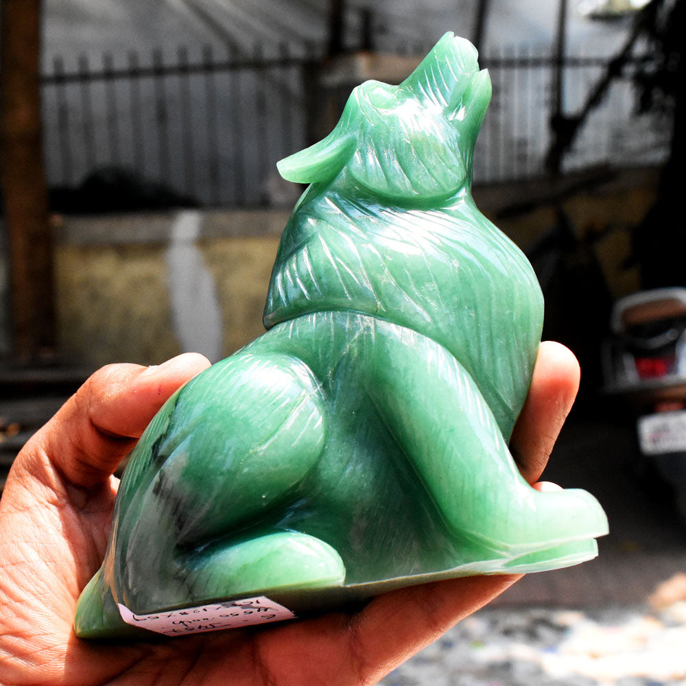 Amazing 4550.00 Cts Genuine Green Aventurine Hand Carved Wolf Gemstone Crystal Carving