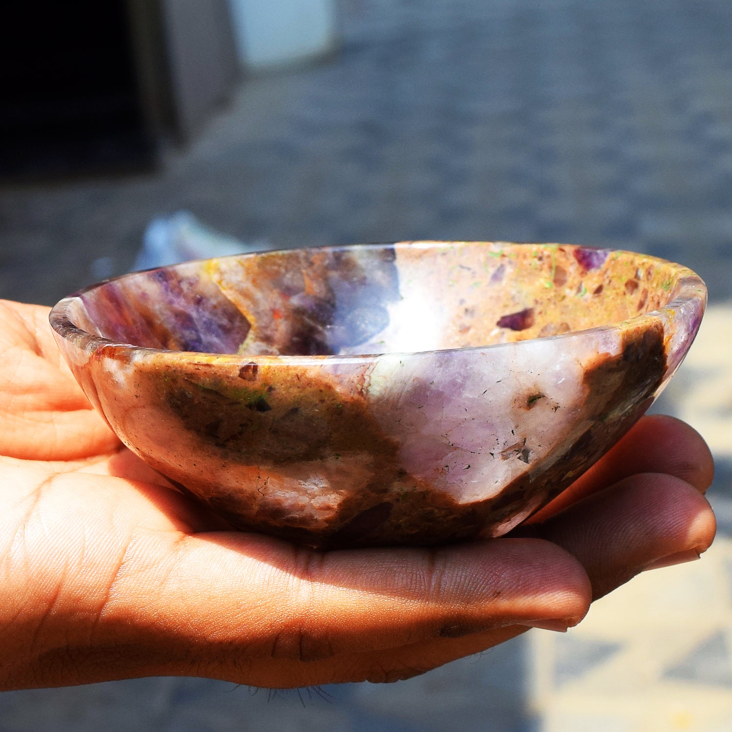 Lovely 830.00 Carats Genuine Chevron Amethyst Hand Carved Crystal Gemstone Carving Big Bowl