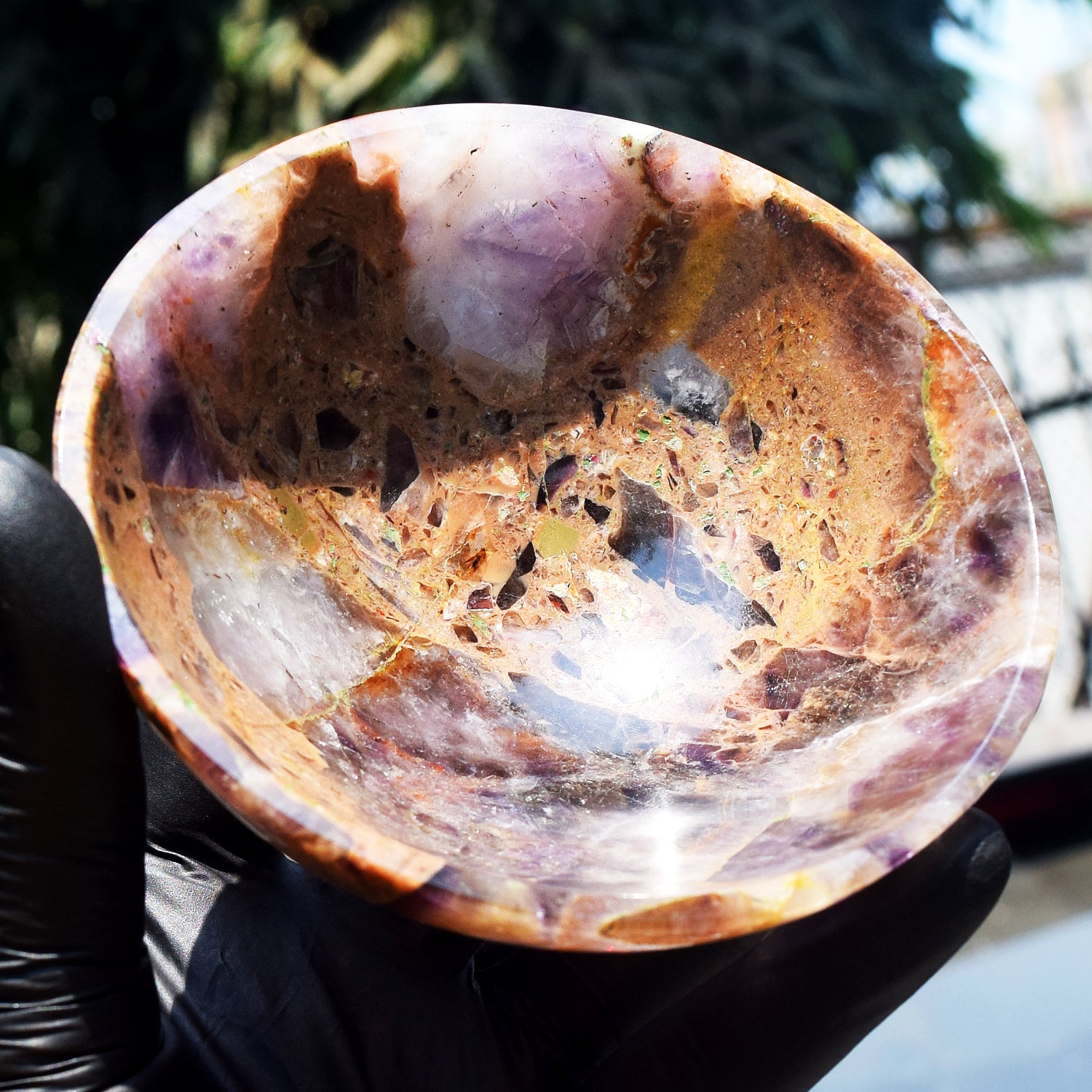 Lovely 830.00 Carats Genuine Chevron Amethyst Hand Carved Crystal Gemstone Carving Big Bowl