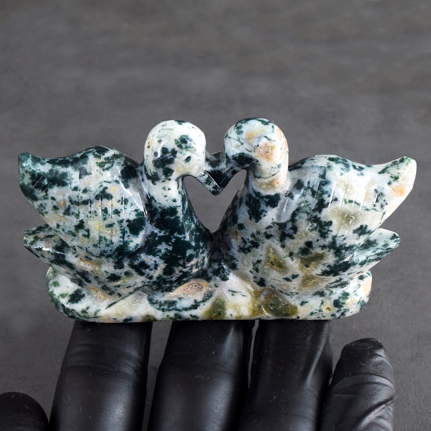 Exclusive 503.00  Cts Genuine Tree Agate Carved Premium Love Swan Pair