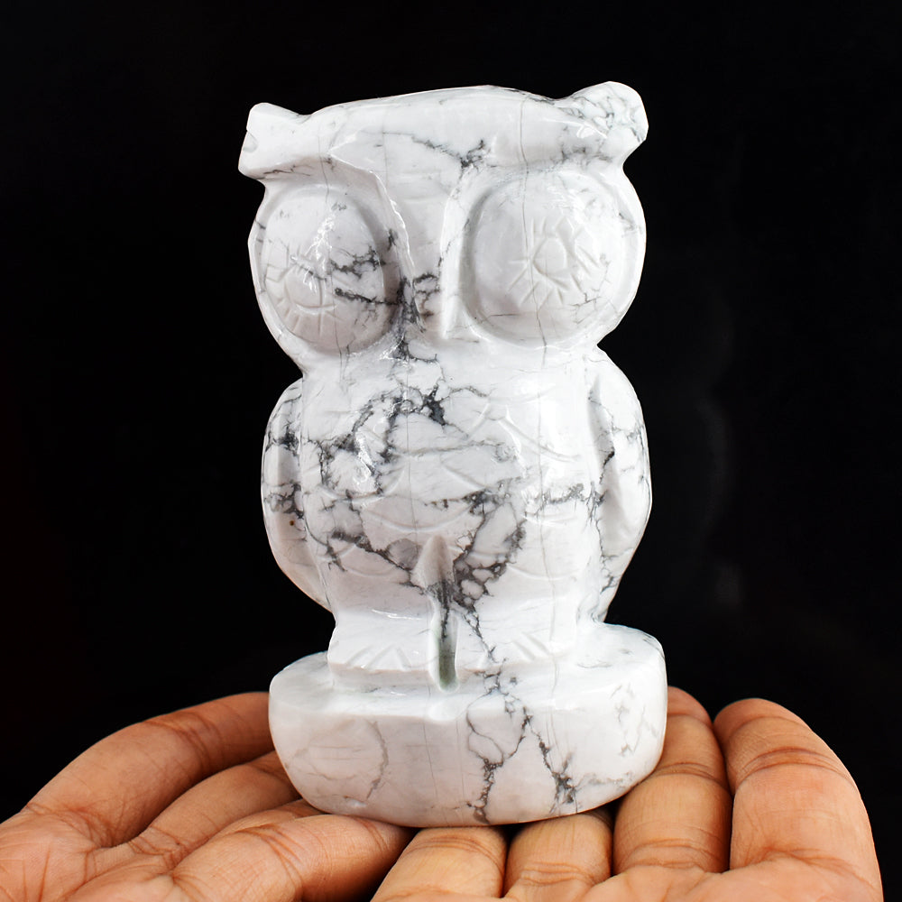 Gorgeous 2100.00 Carats Genuine Howlite Hand Carved Genuine Crystal Gemstone Owl Carving