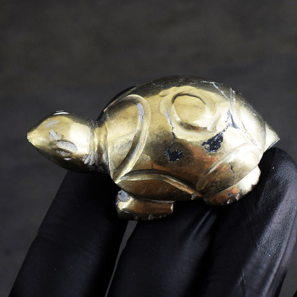 Superb 379.00 Cts Genuine Pyrite Gemstone Hand Carved Premium Turtle Crystal