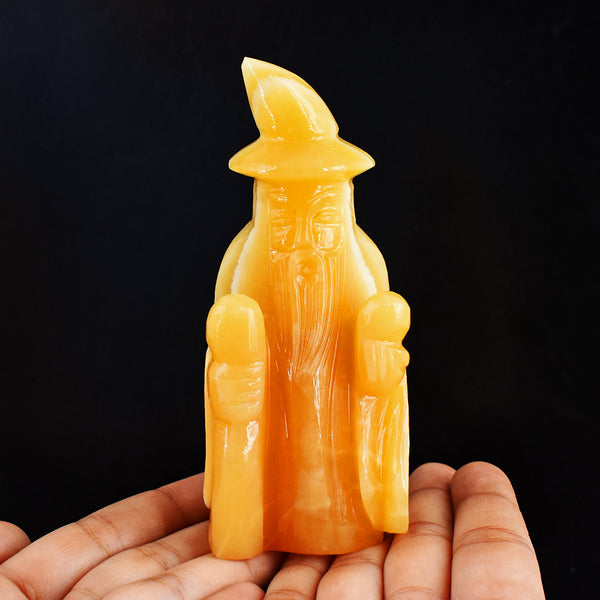 Awesome 1470.00 Carats Yellow Rhodochrosite Hand Carved Crystal Gemstone Wizard Carving
