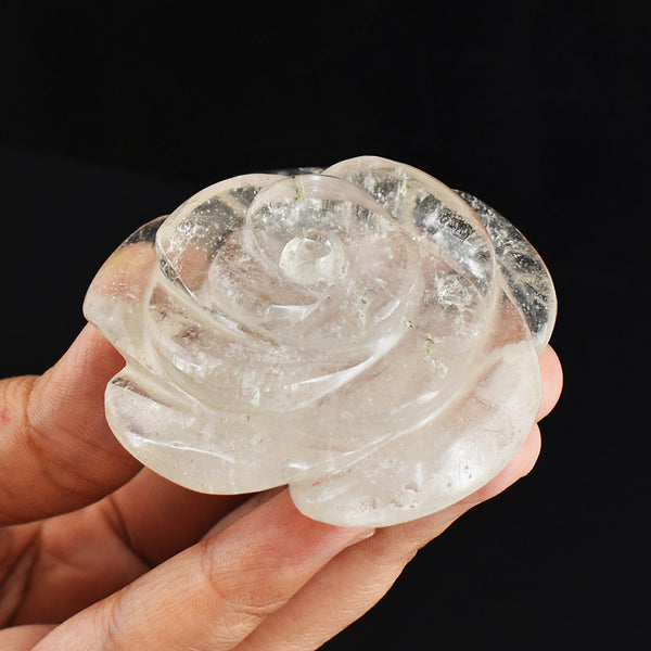 Genuine  White  Quartz  470.00 Carats  Hand  Carved Crystal Rose Flower Carving  Gemstone
