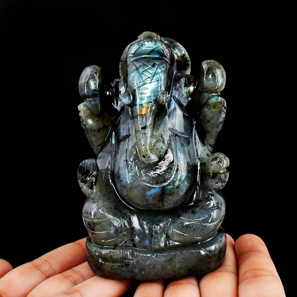 Craftsmen 2325.00 Cts Genuine Blue Flash Labradorite Hand Carved  Crystal Gemstone Carving Lord Ganesha