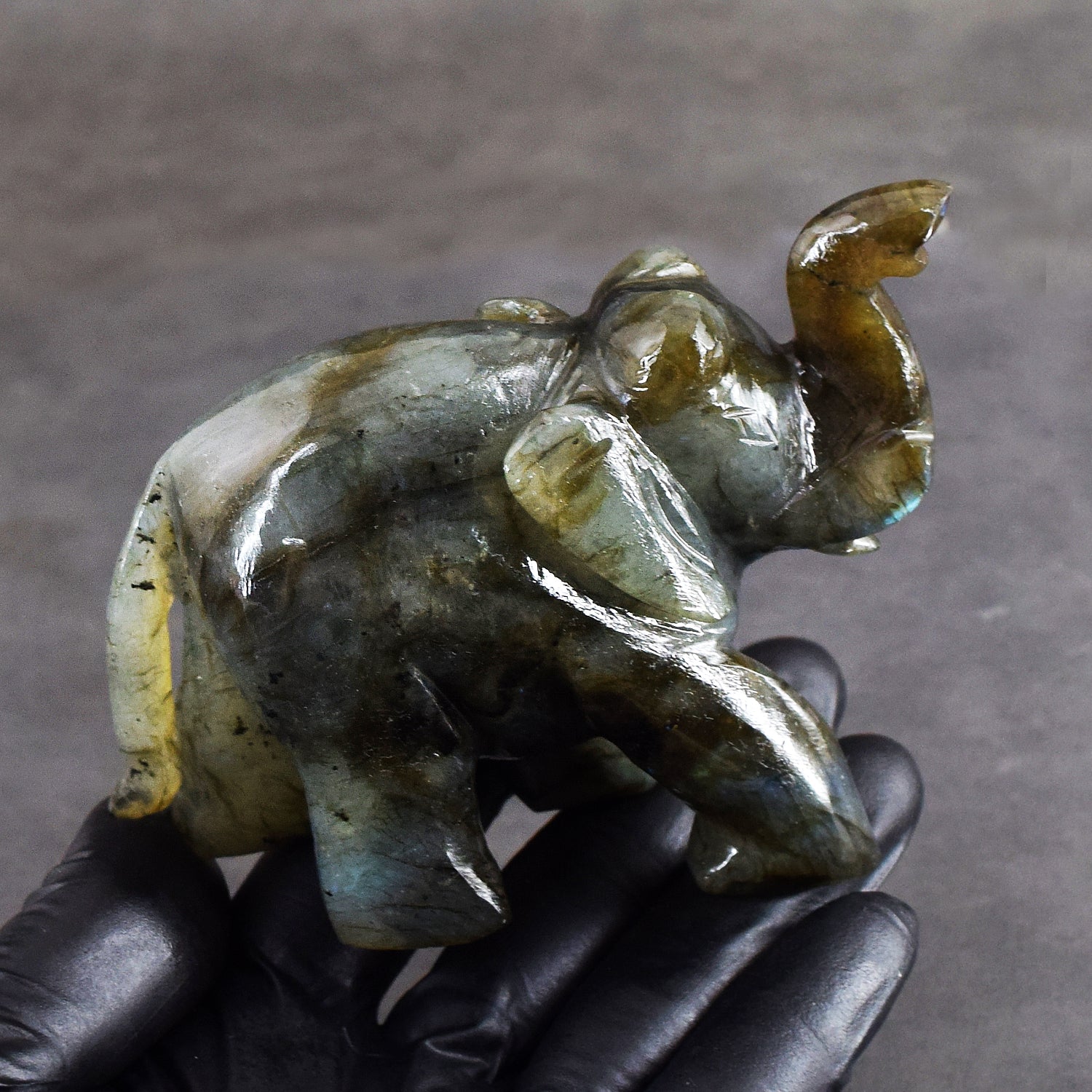 Majestic 1228.00 Cts Genuine Blue Flash Labradorite Carved Premium Crystal Elephant