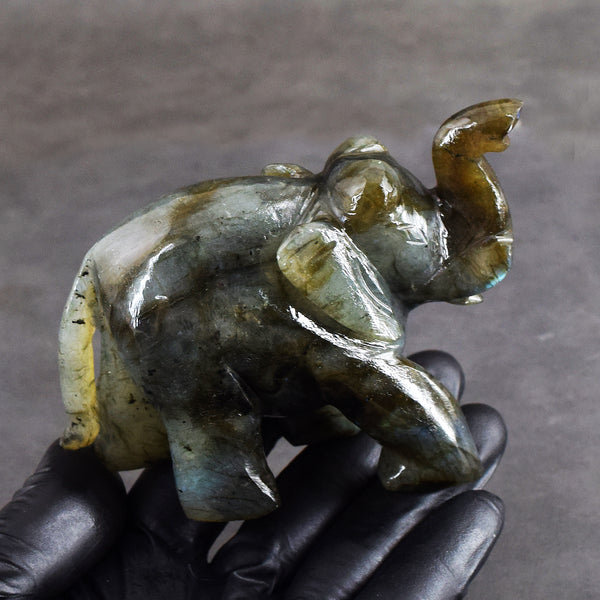 Majestic 1228.00 Cts Genuine Blue Flash Labradorite Carved Premium Crystal Elephant