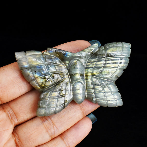 Exclusive 127.00 Carats  Genuine Golden & Blue Flash Labradorite Hand Carved Crystal Gemstone Carving Butterfly