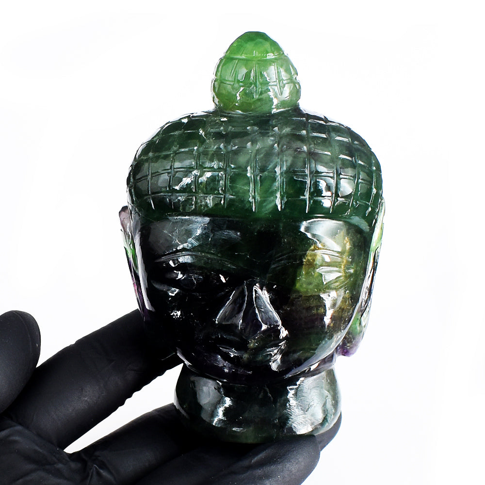 Beautiful 2084.00 Cts Genuine Multicolor Fluorite Hand Carved Crystal Gemstone Buddha Head Craving