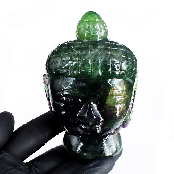 Beautiful 2084.00 Cts Genuine Multicolor Fluorite Hand Carved Crystal Gemstone Buddha Head Craving