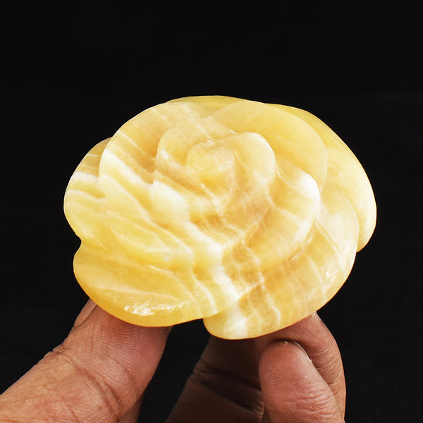 Stunning  487.00 Cts Genuine Yellow Rhodochrosite  Hand  Carved  Crystal  Rose Flower Gemstone  Carving