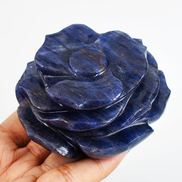 Amazing 1233.00  Carats  Genuine  Hand  Carved  Blue  Iolite  Flower  Rose  Gemstone  Carving