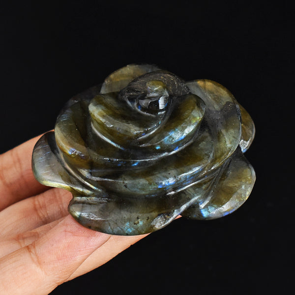 Golden & Blue Flash Labradorite  458.00 Carats  Genuine  Hand Carved  Gemstone  Rose Flower Carving