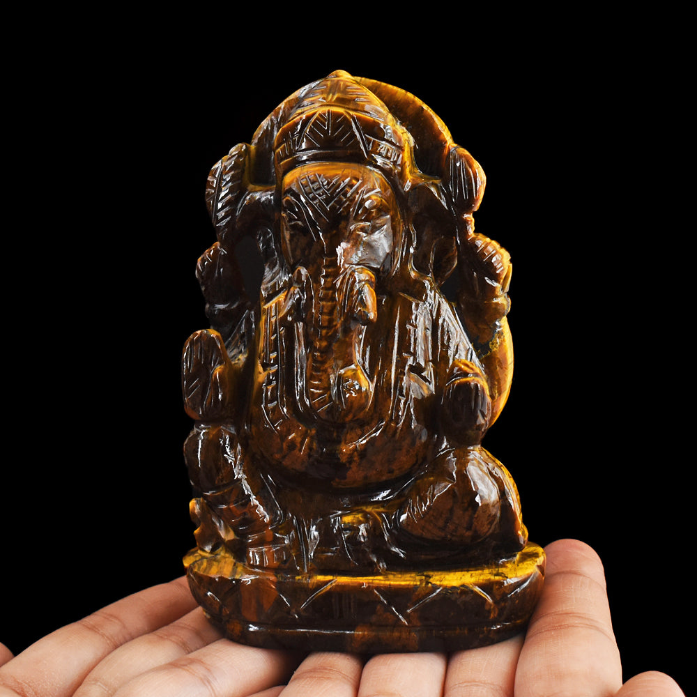 Artisian 1880.00 Cts Genuine Golden Tiger Eye Hand Carved Crystal Lord Ganesha Gemstone Carving