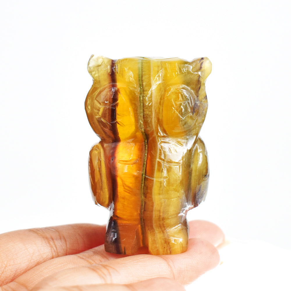 Exclusive  421.00 Cts  Multicolor Fluorite Hand Carved Genuine Crystal Gemstone Owl Carving