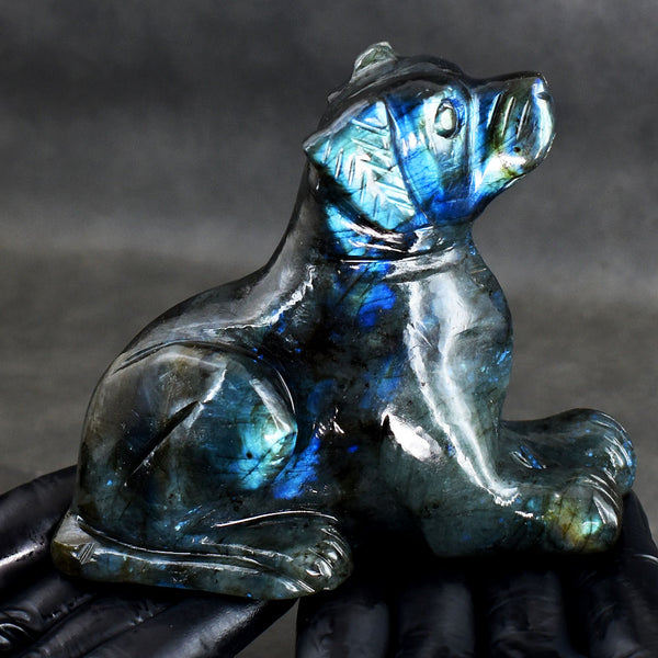 Exclusive 2300.00 Cts Genuine Blue Flash Labradorite Hand Carved Gemstone Dog Crystal Carving