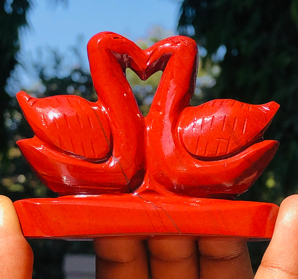 Gorgeous 502.00 Cts Genuine Red Jasper Carved Love Swan Pair Premium
