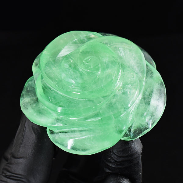Artisian 447.00 Cts Genuine Green Fluorite Hand Carved Crystal Gemstone Rose Carving
