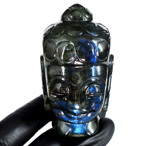 Exclusive 1123.00 Cts Genuine Blue Flash Labradorite Hand Carved Gemstone Buddha Head Crystal Carving