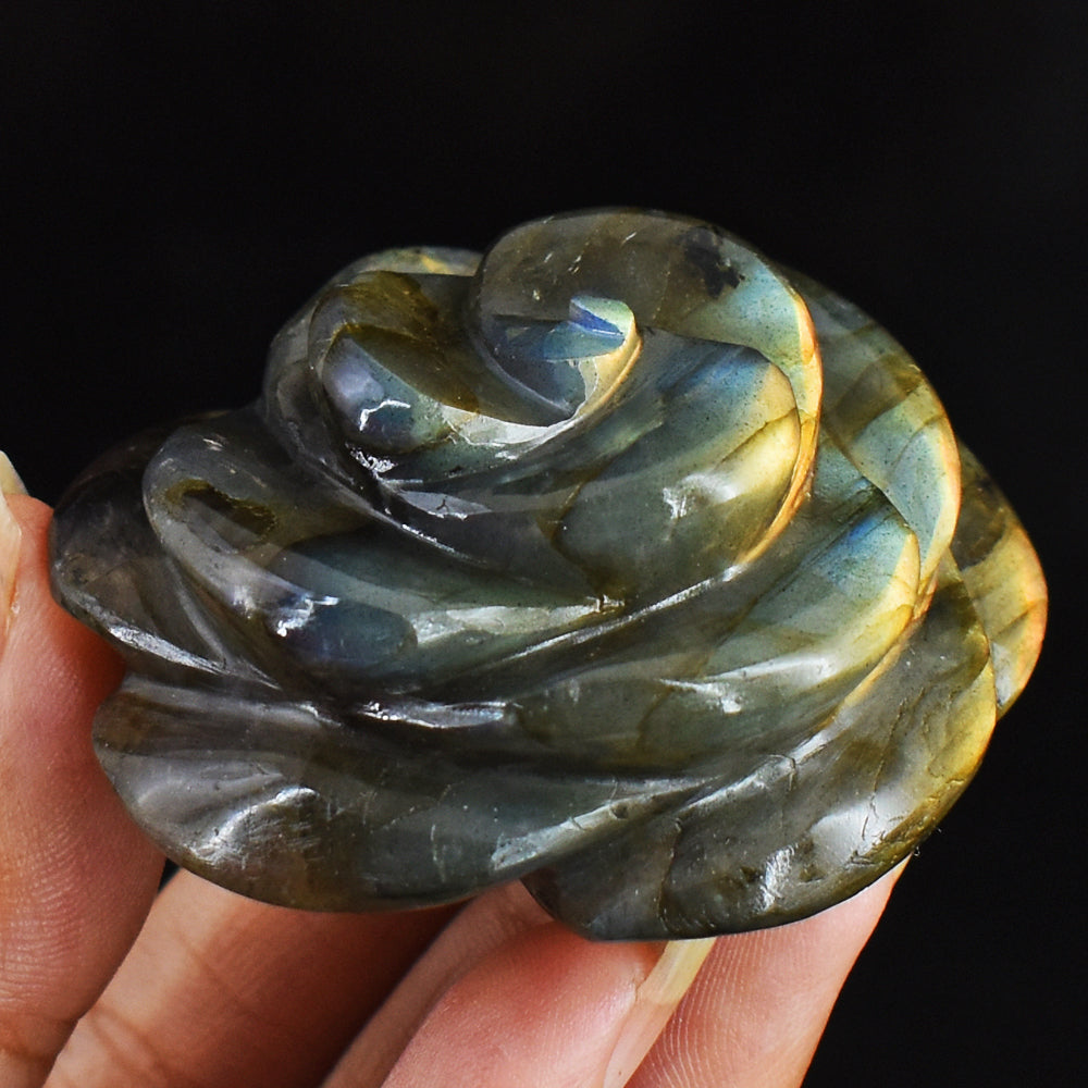 Orange  & Golden  Flash Labradorite  325.00 Carats  Genuine  Hand Carved  Gemstone  Rose Flower Carving