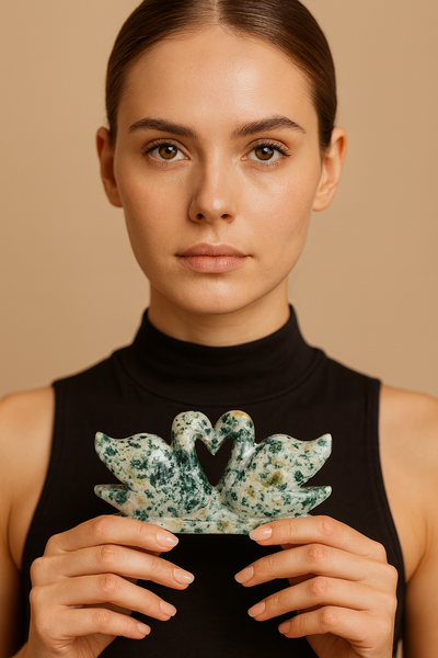 Exclusive 503.00  Cts Genuine Tree Agate Carved Premium Love Swan Pair