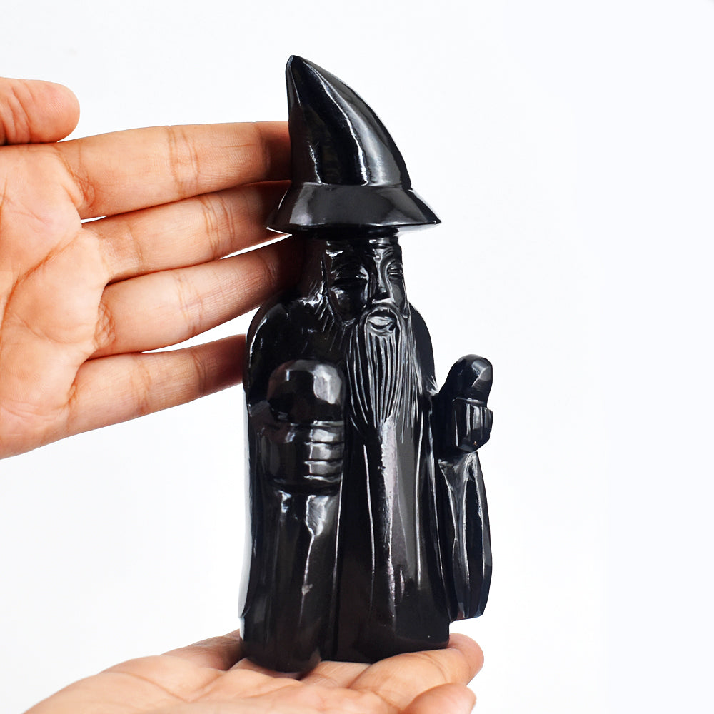 Genuine 3023.00 Carats Black Spinel Hand Carved Crystal Gemstone Wizard Carving