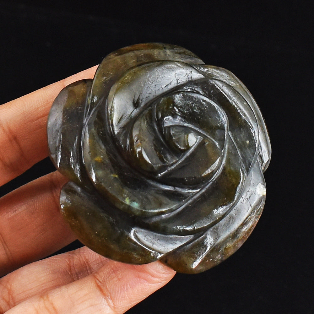 540.00 Carats Genuine Golden & Blue Flash Labradorite Hand  Carved Gemstone Crystal Rose Flower Carving