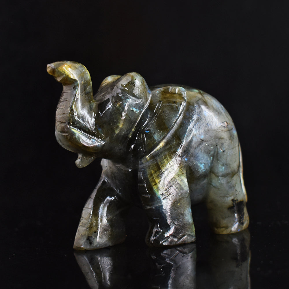 Artisian 912.00 CtsGenuine Golden & Blue Flash Labradorite Hand Carved Gemstone Carving Elephant