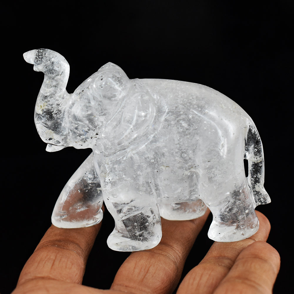 Artisian 740.00 Cts White Quartz  Hand Carved Genuine Crystal Gemstone Carving Elephant