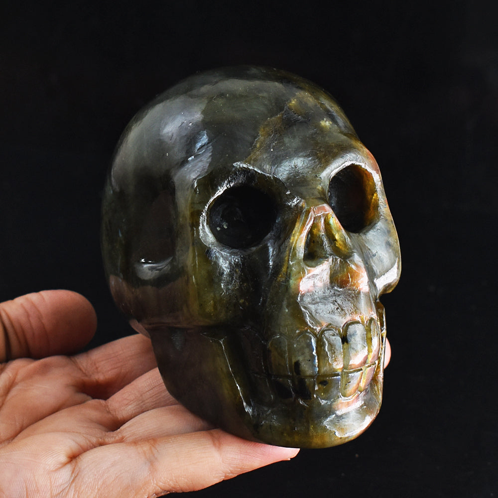 Gorgeous 3442.00 Cts Genuine Pink & Orange Flash Labradorite Hand Carved Crystal Skull Carving