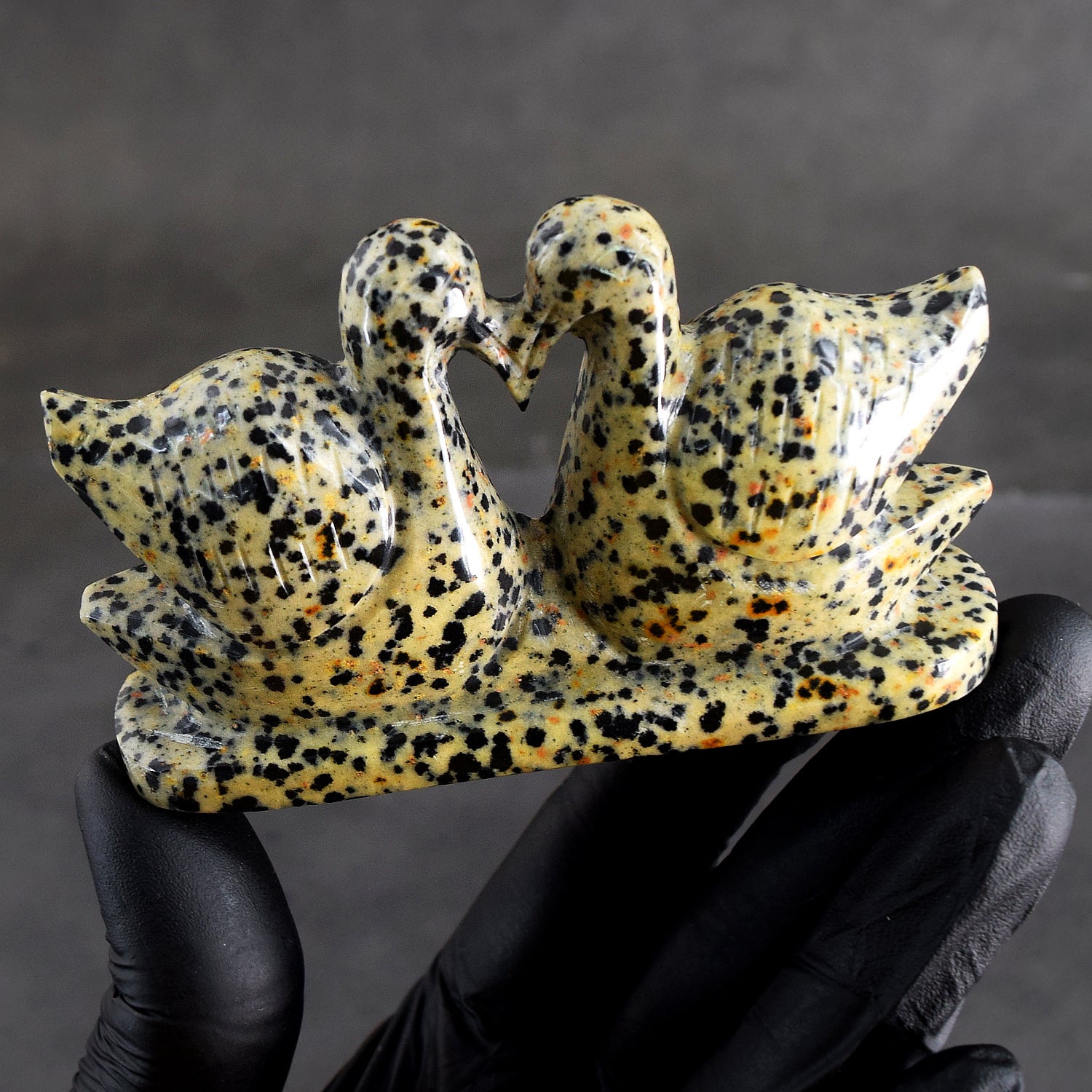 Pleasing 859.00 Cts Genuine Dalmation Jasper Hand Carved Love Premium Swan Pair